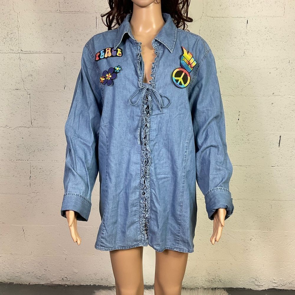 Tommy Hilfiger Vintage Blue Peace Patch Lace-Up Front Long Sleeve Shirt 22
